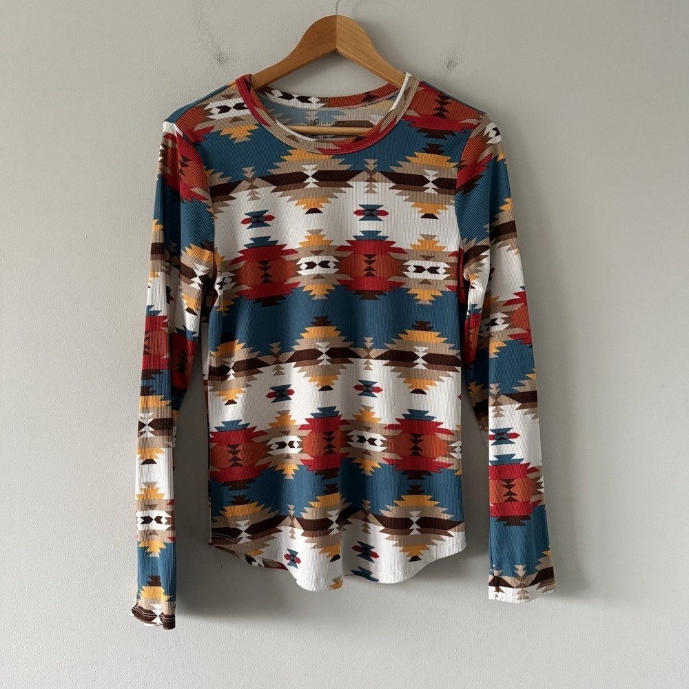 Southwestern Ribbed Long Sleeve Top Womens XL‎ Rodeo Farm Boho Festival Native